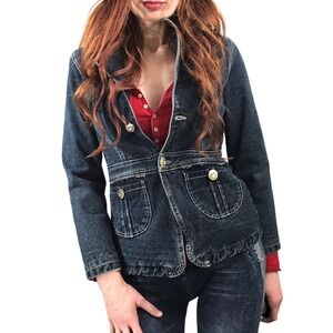 Womens Dark Wash Denim Blazer Jacket Faux Belted Pockets Sherpa Lined Snap Cuff